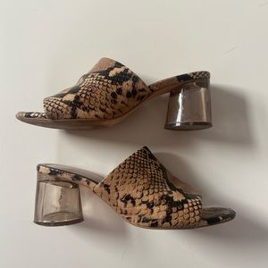snake skin mules with clear plastic heel